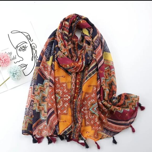 Tribal print multicolor sheer large scarf shawl wrap tassels - Picture 1 of 6
